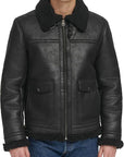 Men’s Black Shearling Aviator Leather Jacket – Winter Biker Bomber Coat