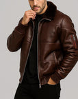 Men’s Brown Fur Collar Leather Bomber Jacket