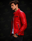 Men’s Red Cafe Racer Leather Jacket – Quilted Motorcycle Biker Jacket