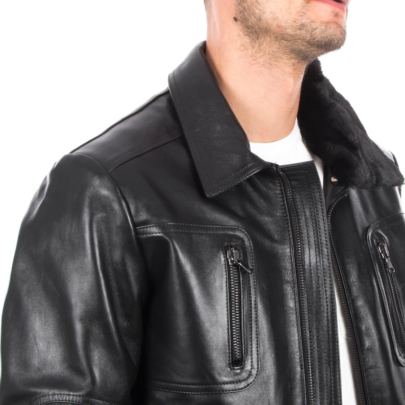 Men’s Black Fur Collar Leather Bomber Jacket