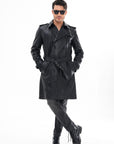 Men’s Long Black Leather Trench Coat – Premium Double Breasted Winter Coat