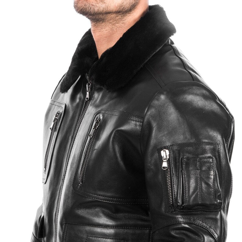 Men’s Black Fur Collar Leather Bomber Jacket