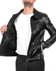 Men’s Classic Black Genuine Leather Jacket – Slim Fit Casual Biker Coat