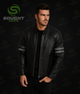 Men’s Black Cafe Racer Leather Jacket with Quilted Shoulders & Arm Stripes