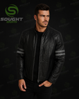 Men’s Black Cafe Racer Leather Jacket with Quilted Shoulders & Arm Stripes
