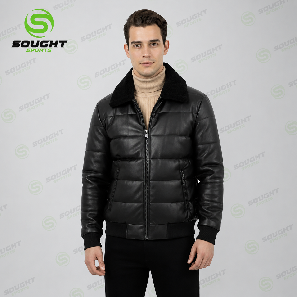 Men’s Black Quilted Leather Jacket with Fur Collar – Winter Bomber Jacket | XXS–4XL