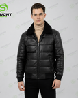 Men’s Black Quilted Leather Jacket with Fur Collar – Winter Bomber Jacket | XXS–4XL