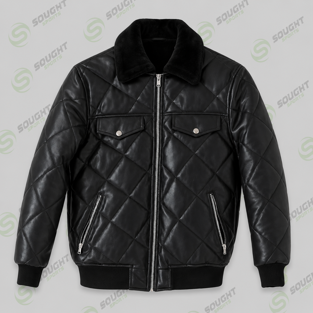Men’s Black Quilted Leather Jacket with Fur Collar – Winter Bomber Jacket | XXS–4XL