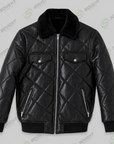 Men’s Black Quilted Leather Jacket with Fur Collar – Winter Bomber Jacket | XXS–4XL