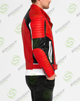 Men’s Red Black & White Leather Biker Jacket – Retro Punk Moto Racing Jacket
