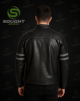 Men’s Black Cafe Racer Leather Jacket with Quilted Shoulders & Arm Stripes