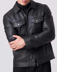 Men’s Black Leather Trucker Jacket – Premium Button-Up Casual Leather Shirt Jacket