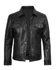 Men’s Black Leather Trucker Jacket – Premium Button-Up Casual Leather Shirt Jacket