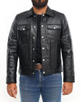 Men’s Black Leather Trucker Jacket – Classic Button-Up Casual Leather Jacket