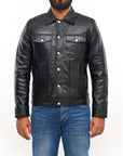 Men’s Black Leather Trucker Jacket – Classic Button-Up Casual Leather Jacket