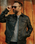 Men’s Black Leather Trucker Jacket – Premium Button-Up Casual Street Style Jacket