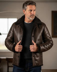 Men’s Brown Shearling Leather Jacket – Luxury Winter Fur Collar Coat