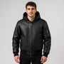 Men’s Black Hooded Leather Bomber Jacket – Casual Winter Zip-Up Coat