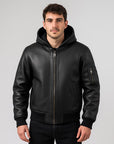 Men’s Black Hooded Leather Bomber Jacket – Casual Winter Zip-Up Coat