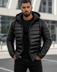 Men’s Black Leather Hooded Puffer Jacket – Winter Quilted Zip-Up Hoodie Coat