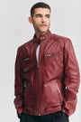 Men’s Burgundy Cafe Racer Leather Jacket – Slim Fit Moto Biker Jacket