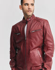 Men’s Burgundy Cafe Racer Leather Jacket – Slim Fit Moto Biker Jacket