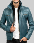 Men’s Teal Blue Genuine Leather Jacket – Classic Zip Up Motorcycle Style Jacket for Men
