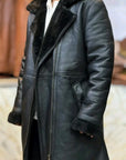 Men’s Black Shearling Leather Coat | Winter Fur Lined Long Leather Jacket