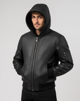 Men’s Black Hooded Leather Bomber Jacket – Casual Winter Zip-Up Coat