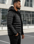 Men’s Black Leather Hooded Puffer Jacket – Winter Quilted Zip-Up Hoodie Coat