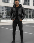 Men’s Black Leather Hooded Puffer Jacket – Winter Quilted Zip-Up Hoodie Coat