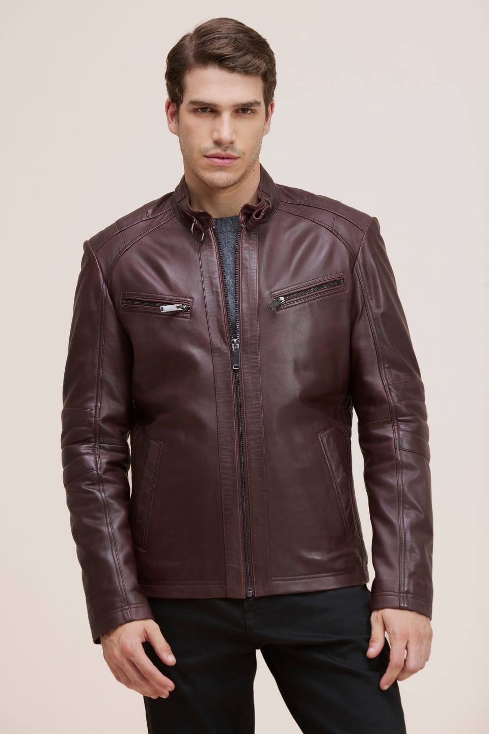 Men’s Black Cafe Racer Leather Jacket – Slim Fit Biker Moto Jacket