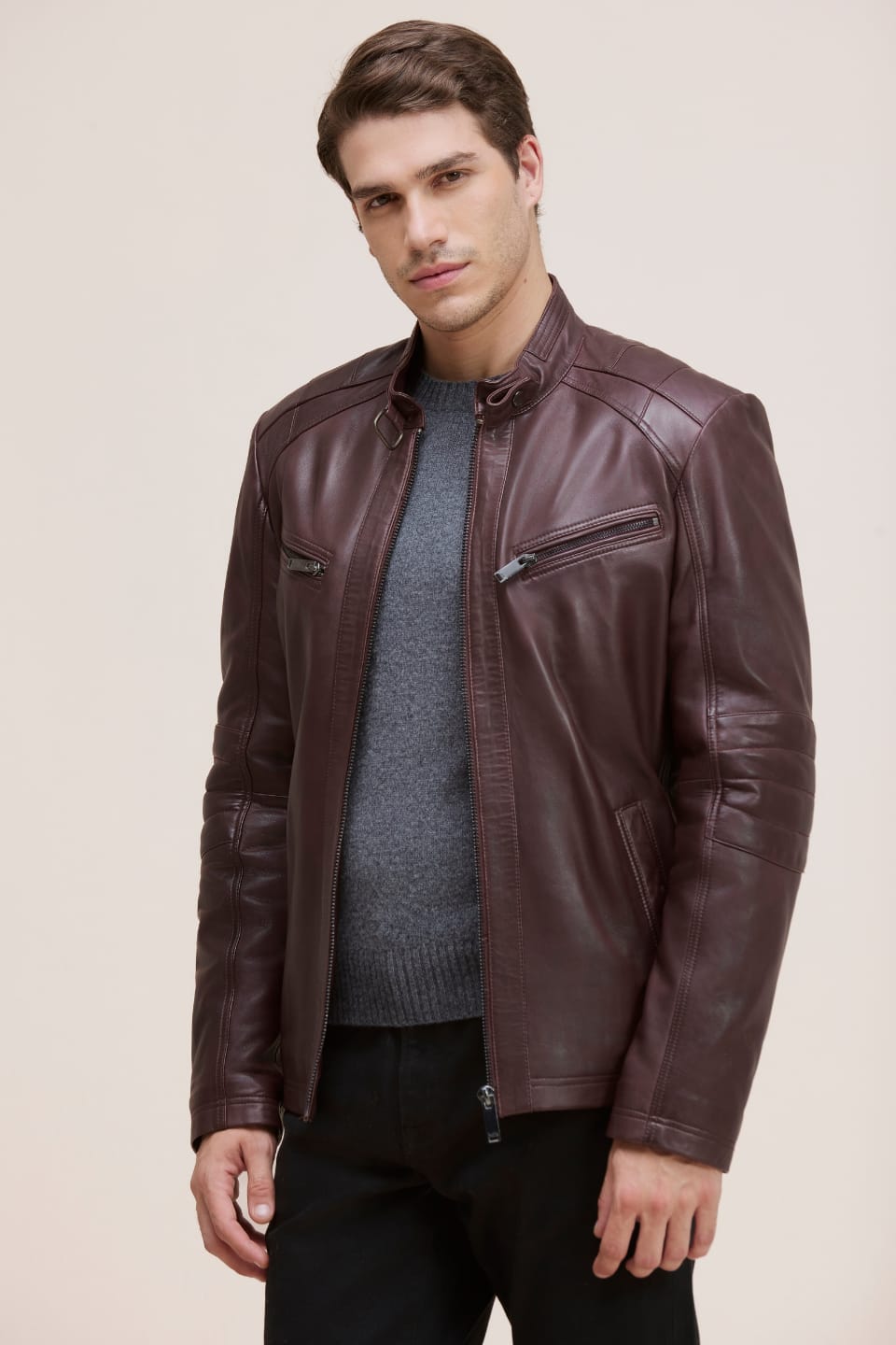 Men’s Black Cafe Racer Leather Jacket – Slim Fit Biker Moto Jacket