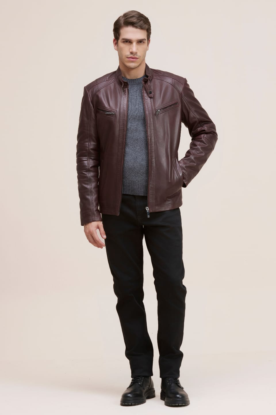 Men’s Black Cafe Racer Leather Jacket – Slim Fit Biker Moto Jacket