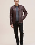 Men’s Black Cafe Racer Leather Jacket – Slim Fit Biker Moto Jacket