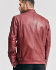 Men’s Burgundy Cafe Racer Leather Jacket – Slim Fit Moto Biker Jacket