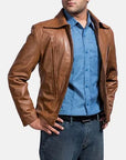 Men’s Tan Vintage Leather Jacket – Classic Retro Zip-Up Coat