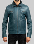 Men’s Teal Blue Genuine Leather Jacket – Classic Zip Up Motorcycle Style Jacket for Men