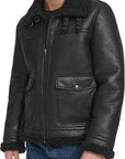 Men’s Black Shearling Aviator Leather Jacket – Winter Biker Bomber Coat