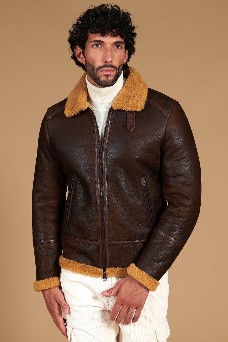Men’s Brown Shearling Leather Jacket – Premium Aviator Winter Jacket