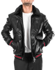 Men’s Black Fur Collar Leather Bomber Jacket
