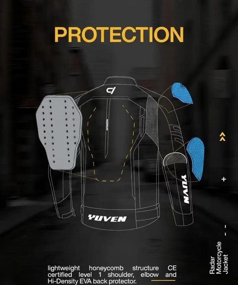 Motorcycle jacket with protective padding and YUVEN branding on a dark background