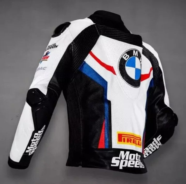 Motorcycle racing jacket with BMW and Pirelli logos on a gray background