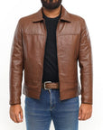 Men’s Classic Brown Leather Jacket – Slim Fit Zip-Up Casual Jacket