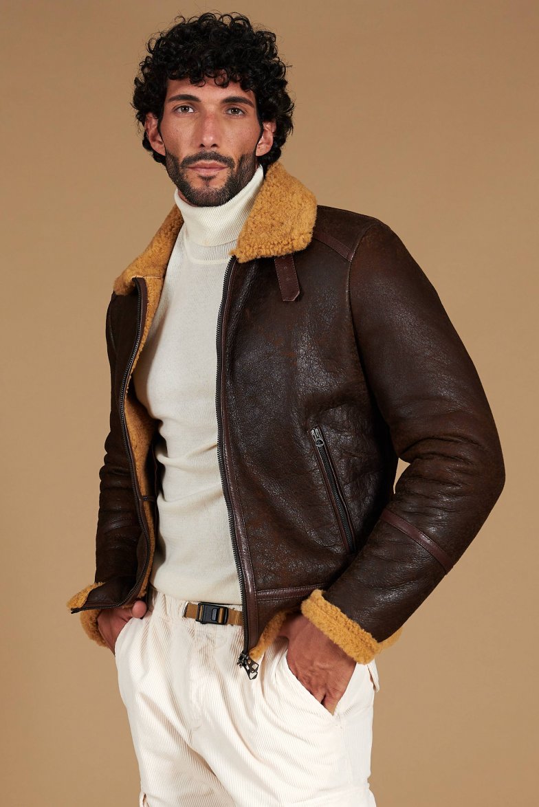 Men’s Brown Shearling Leather Jacket – Premium Aviator Winter Jacket