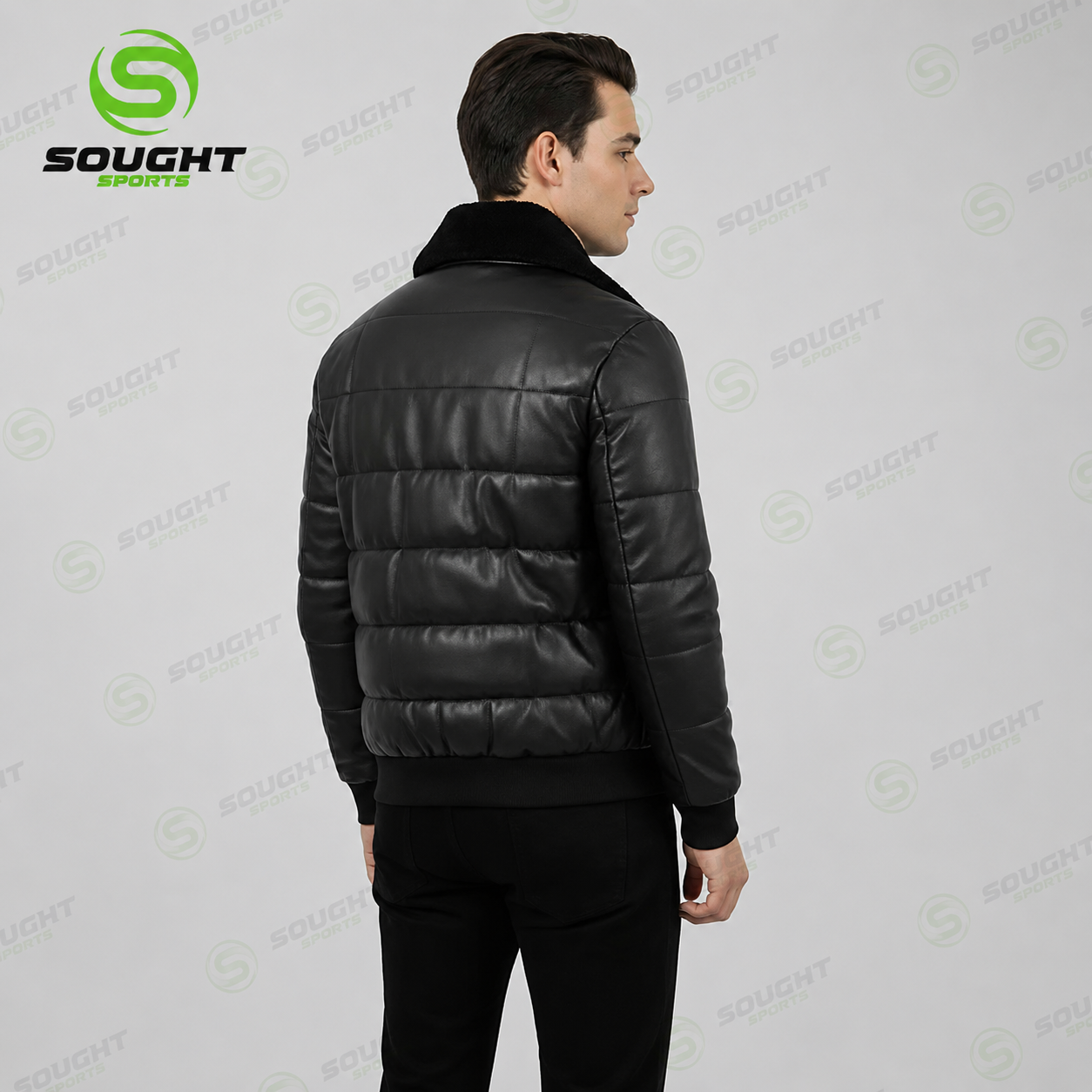 Men’s Black Quilted Leather Jacket with Fur Collar – Winter Bomber Jacket | XXS–4XL