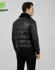 Men’s Black Quilted Leather Jacket with Fur Collar – Winter Bomber Jacket | XXS–4XL