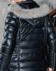 Women’s Black Leather Puffer Coat with Fur Hood | Winter Quilted Leather Jacket