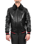 Men’s Black Fur Collar Leather Bomber Jacket