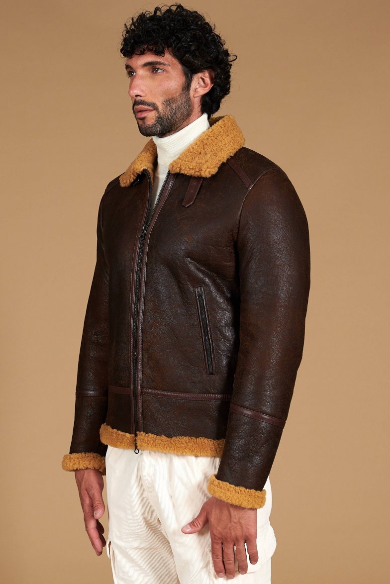 Men’s Brown Shearling Leather Jacket – Premium Aviator Winter Jacket